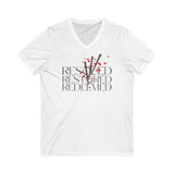 REDEEMED - Unisex Jersey Short Sleeve V-Neck Tee