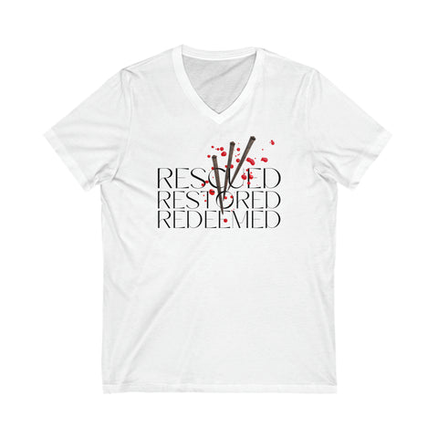 REDEEMED - Unisex Jersey Short Sleeve V-Neck Tee